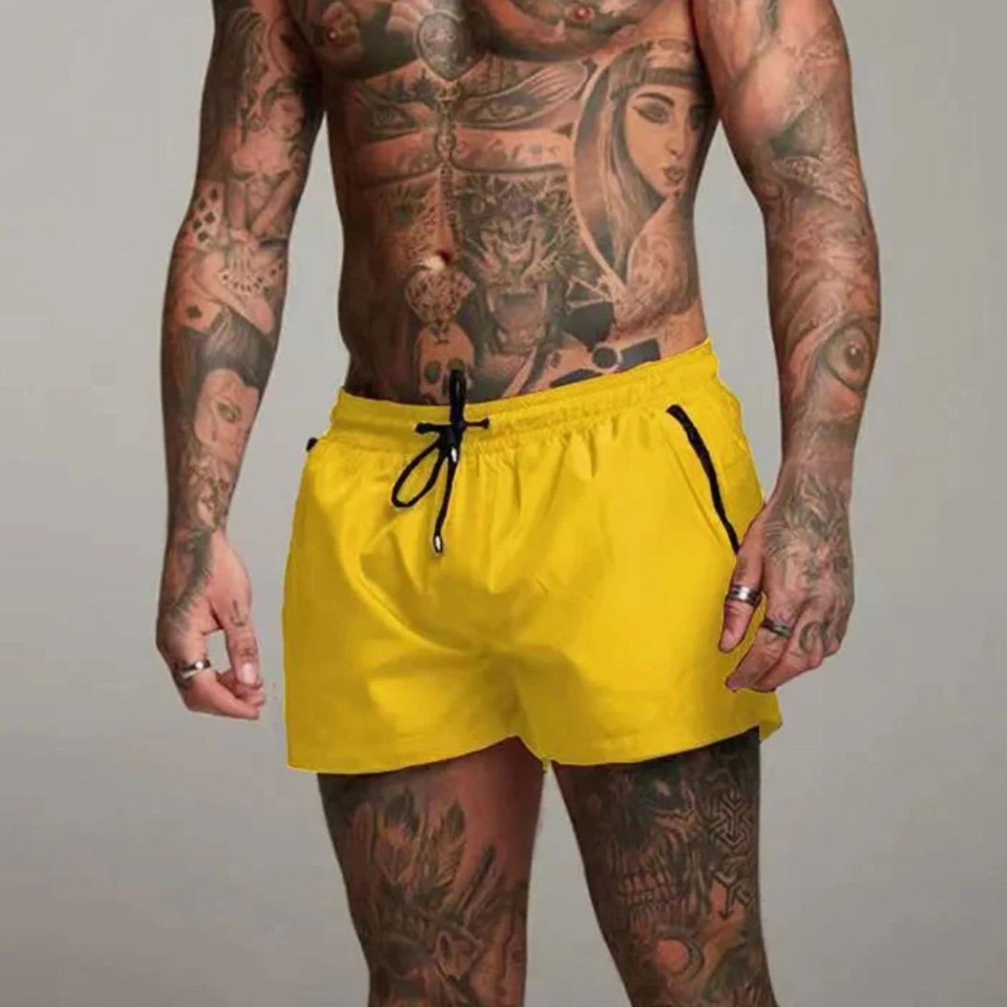 Badehose – elastischer Bund – Kordelzug – Badeshorts – Herren-Bademode-Hellgelb-S-Chaps Herrenmode