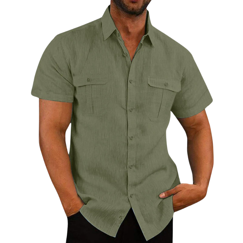 Bali Leinenbluse mit kurzen Ärmeln-Armeegrün-M-Chaps Herrenmode