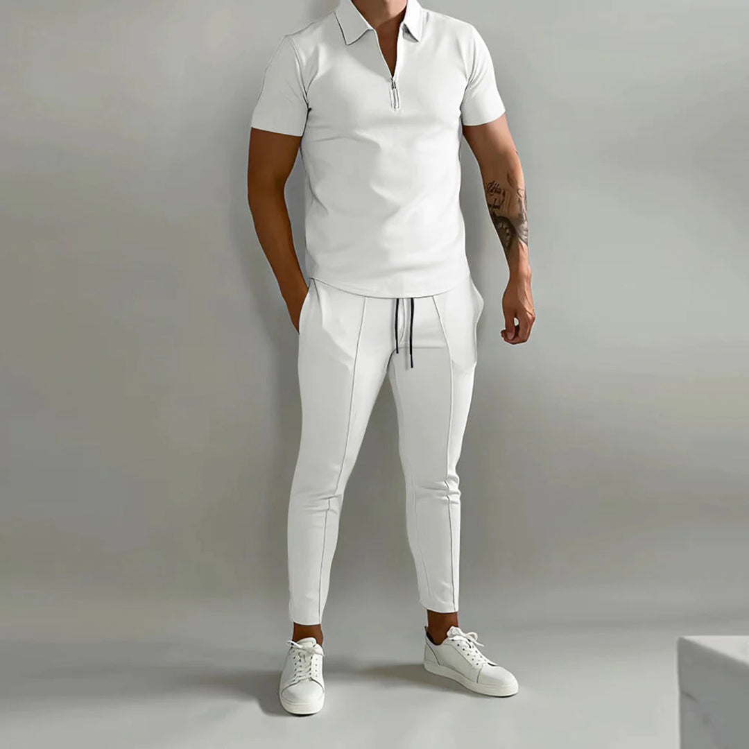 Co-Ord Set | Polo T-Shirt | Elastische Taille | Zweiteiliges Set | Herren Sommer Set-Weiß-XL-Chaps Herrenmode