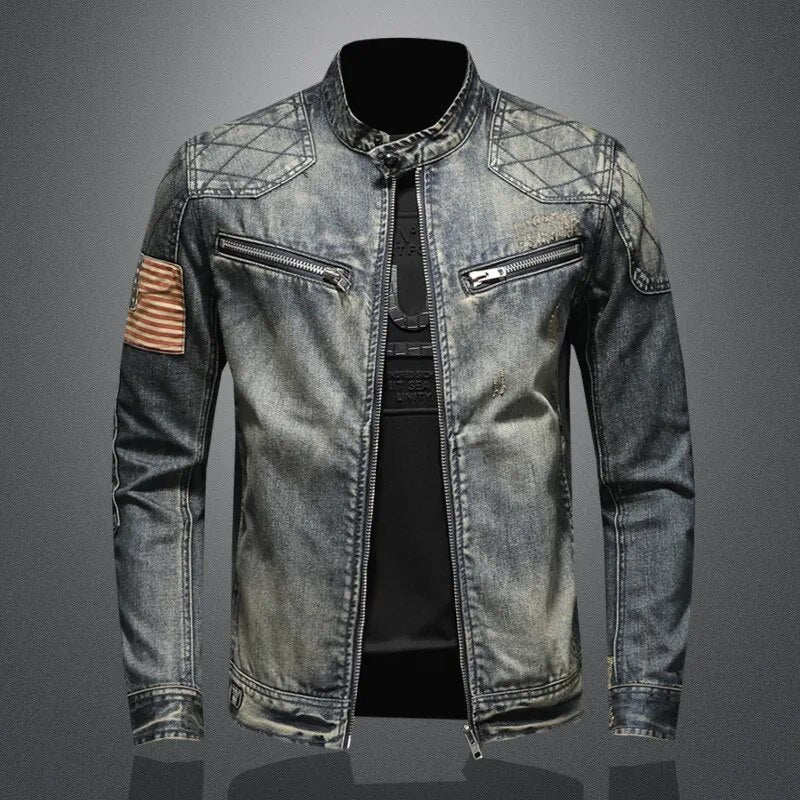 Denim Jacke | Zip-Up | Washed | Herbst Jacke | Herren Jacke-Mit amerikanischer Flagge-M-Chaps Herrenmode