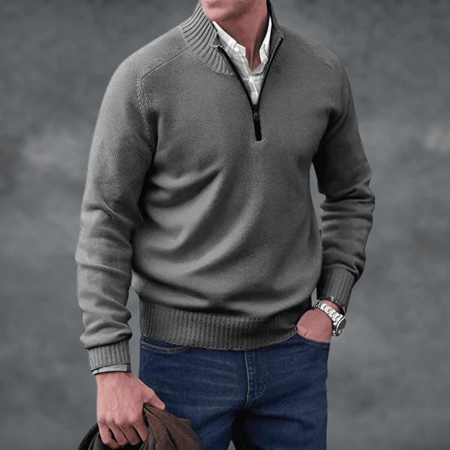 Halber Reißverschluss Pullover - Herren Stehkragen Strickpullover-Dunkelgrau-S-Chaps Herrenmode