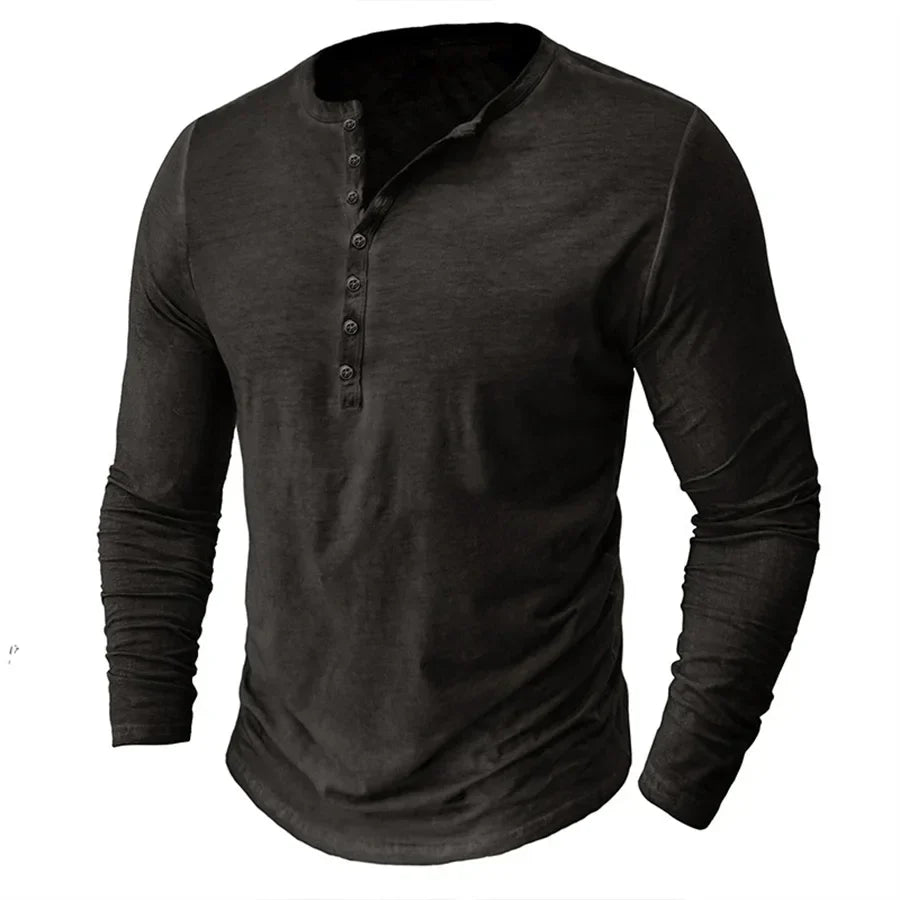 Henley-Shirt | Einfarbig | Knopfleiste am Kragen | Langärmliges T-Shirt | Herrenhemd-Dunkelgrau-S-Chaps Herrenmode