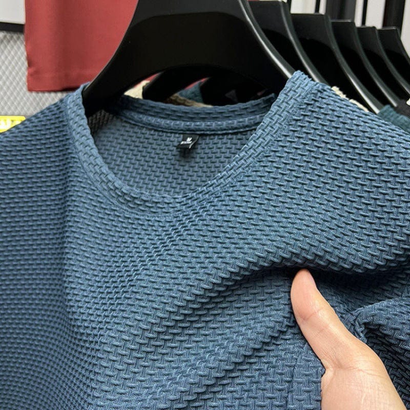Herren-T-Shirt – Lässiges, schlichtes T-Shirt mit Rundhalsausschnitt und Struktur-Blau-M-Chaps Herrenmode
