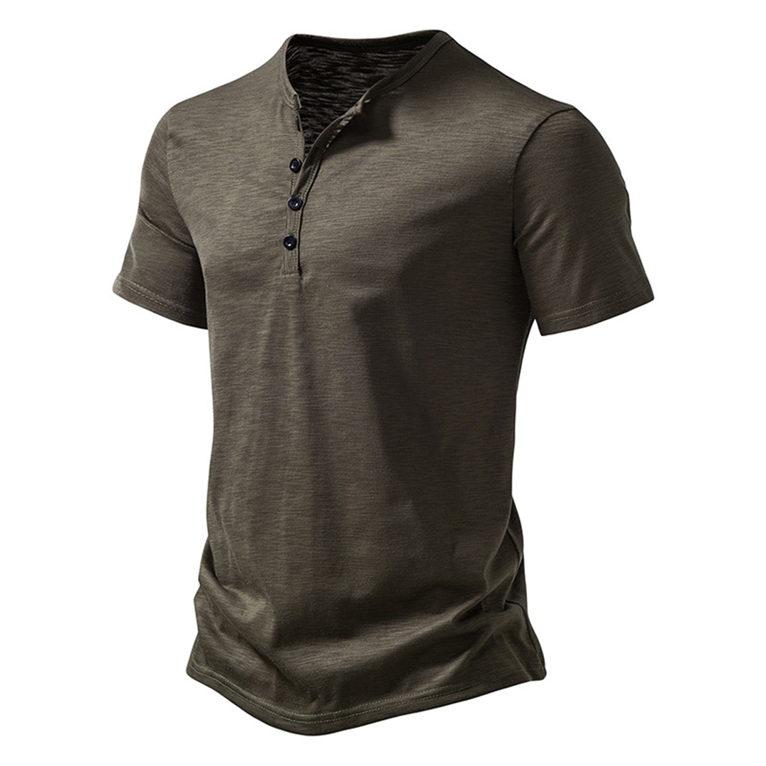 Herren T-Shirt - Quarter Button - Leichtgewicht - Schlichtes T-Shirt - Sommerhemd-Armeegrün-S-Chaps Herrenmode