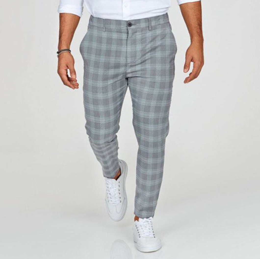 Karierte Hose - Slim Fit - Stretch - Chinos - Herrenhosen-Hellgrau-XS-Chaps Herrenmode
