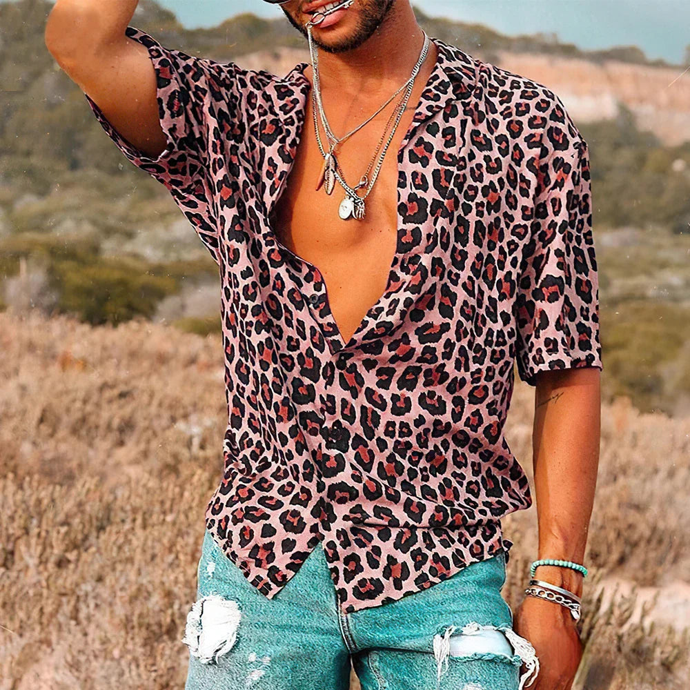 Kurzarmhemd | Button-Up | Leichtgewicht | Leopard Print Hemd | Herrenhemd-Rosa-S-Chaps Herrenmode