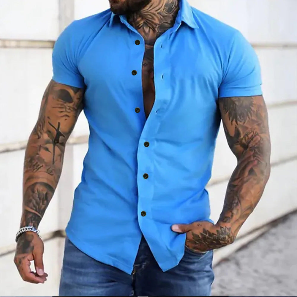 Kurzarmhemd | Einfarbig | Schmal geschnitten | Hemd mit Knöpfen | Herrenhemd-Blau-S-Chaps Herrenmode