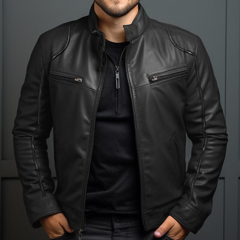 Lederjacke - Klassische schwarze und braune Lederjacke mit Reißverschluss für Männer-Schwarz-S-Chaps Herrenmode