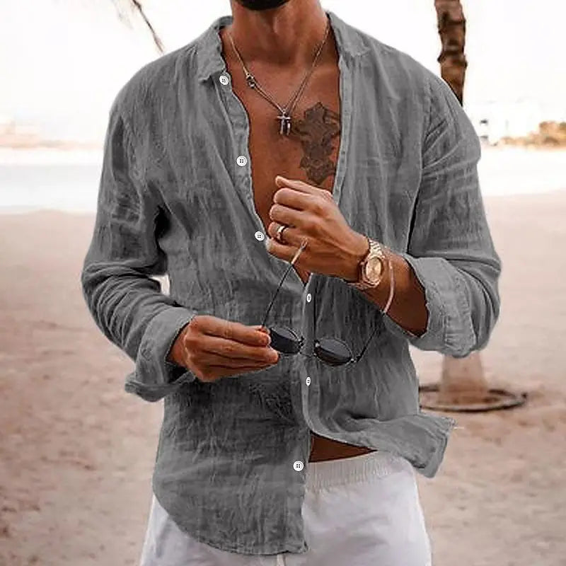 Leinenhemd | Baumwolle | Button-Up | Langarm | Herrenhemd-Dunkelgrau-S-Chaps Herrenmode