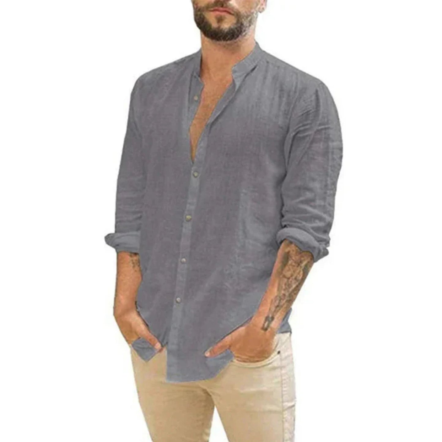 Leinenhemd | Leicht | Langarm | Knopfleiste | Sommerhemden für Männer-Grau-S-Chaps Herrenmode