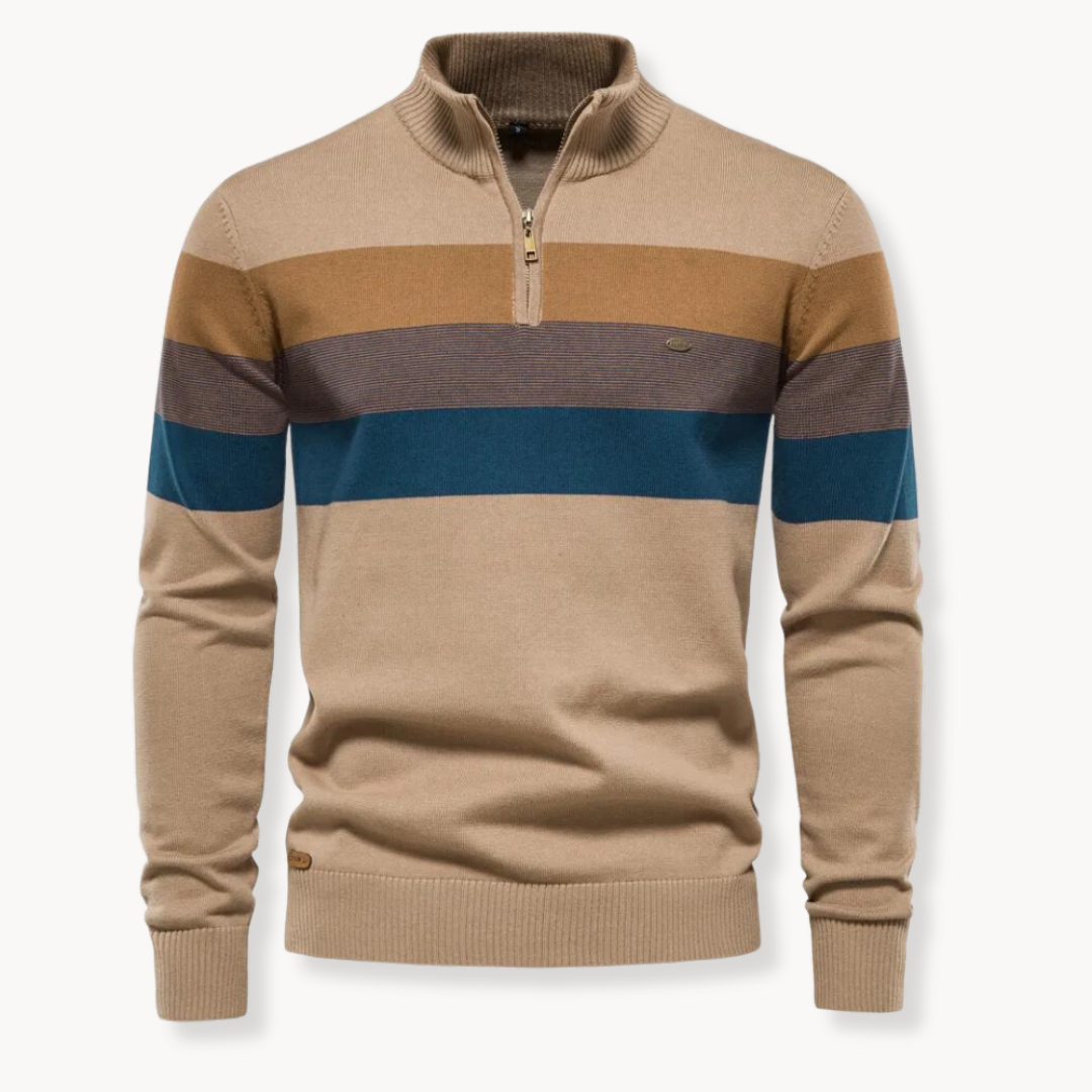 Pullover mit Viertelreißverschluss | Gestreift | Schmal geschnitten | Strickpullover | Herren-Pullover mit halbem Reißverschluss-Khaki-S-Chaps Herrenmode