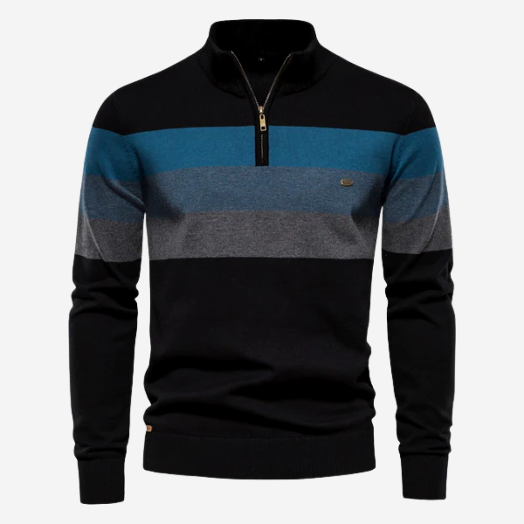Pullover mit Viertelreißverschluss – Gestreifter Retro-Strickpullover für Männer-Schwarz-S-Chaps Herrenmode