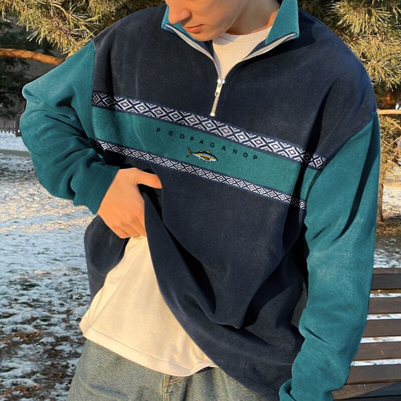 Pullover mit halbem Reißverschluss – Lässig – Oversized – Sweatshirt – Herren-Pullover mit Viertelreißverschluss-Blau-S-Chaps Herrenmode