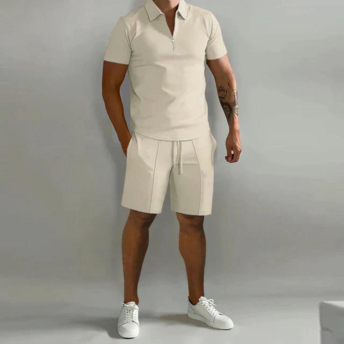 Shorts und T-Shirt Set | Quarter Zip | Polo Shirt | Zweiteiliges Set | Sommerkleidung für Männer-Khaki-S-Chaps Herrenmode