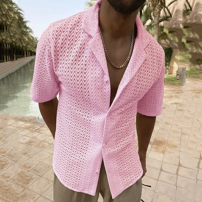 Sommerhemd | V-Ausschnitt | Knopfleiste | Kurzarmhemd | Herrenhemd-Rosa-M-Chaps Herrenmode