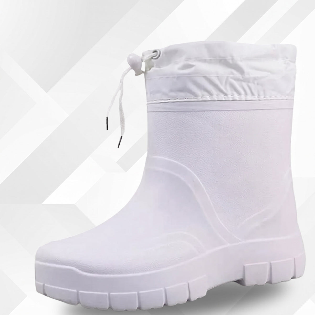 Weißer Regenstiefel mit Kordelzug am Schaft, kurzer Schaft, freigestellt fotografiert | Chaps Herrenmode