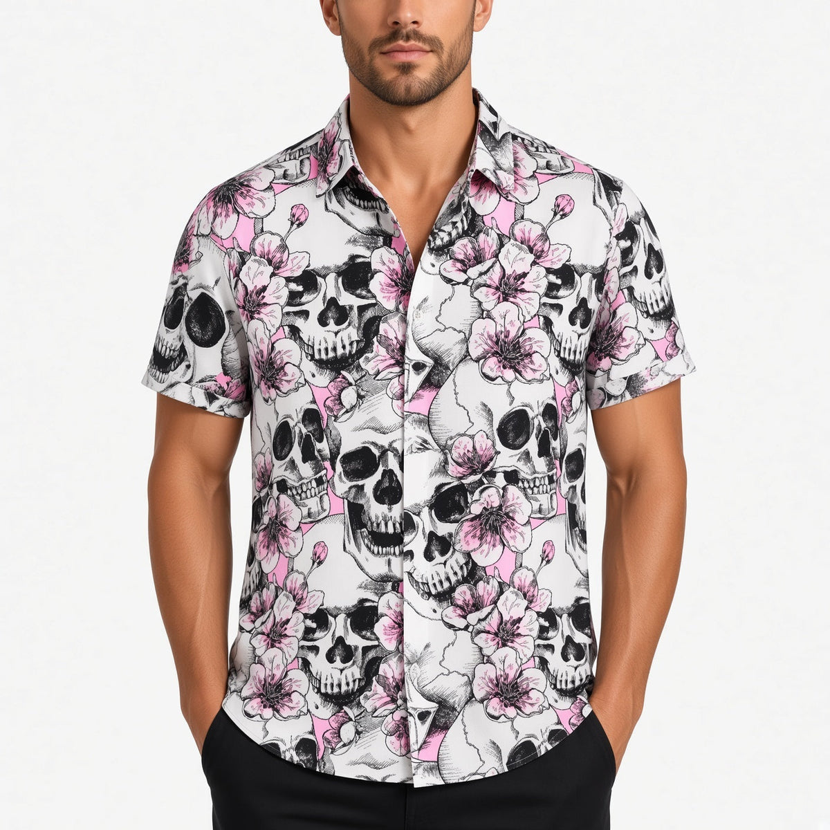 Totenkopf Hemd Herren | Kurzarm | Blumen Print | Reverskragen | 8 Designs