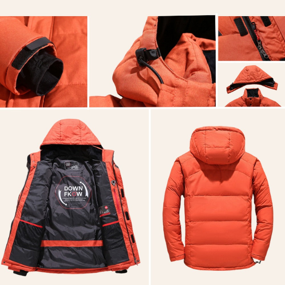Orange Steppjacke mit Kapuze, Detailansichten von Ärmel, Reißverschluss und Innenfutter | Chaps Herrenmode