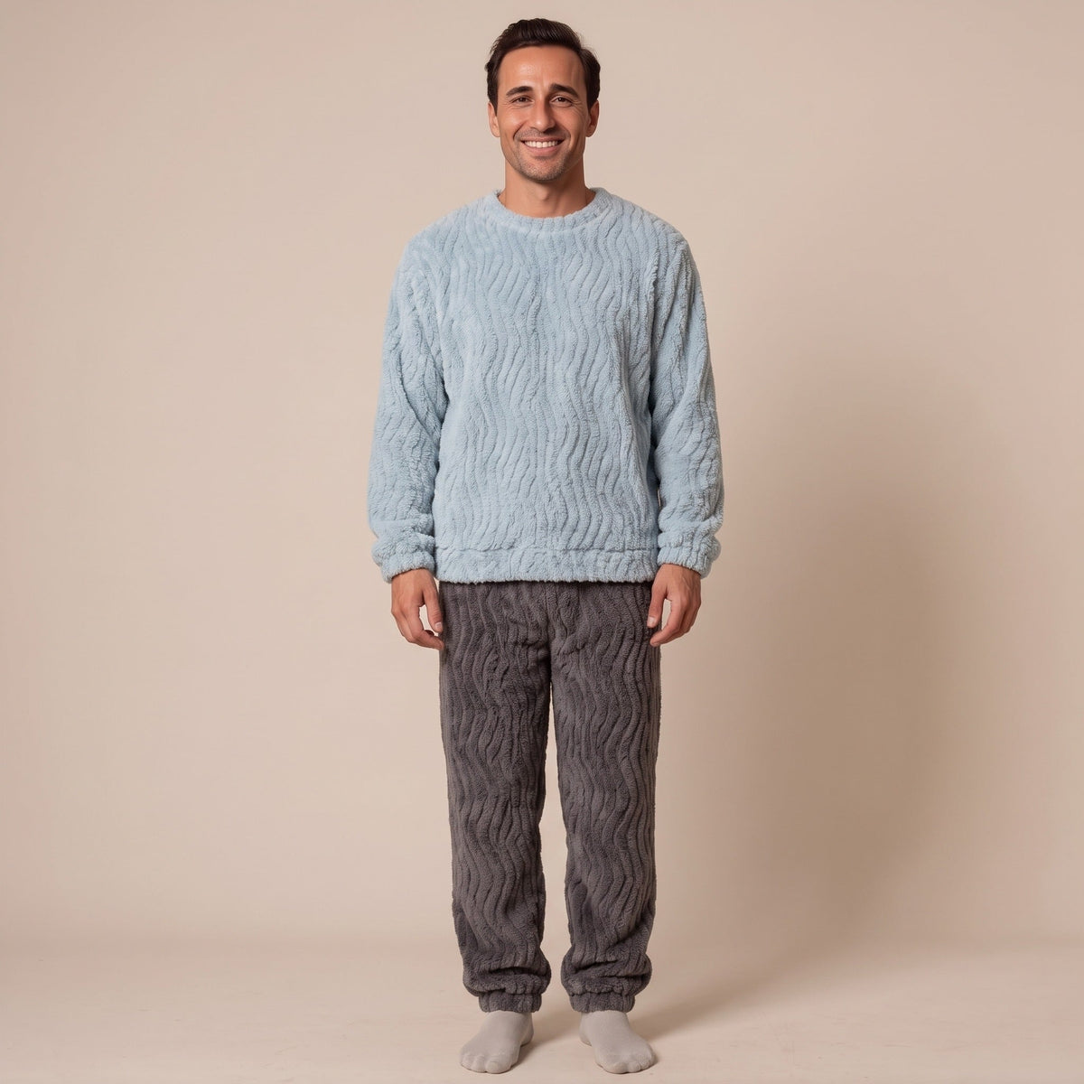 Fleece Pyjama Herren | Rundhals Oberteil | Bündchenhose | 2 Farben