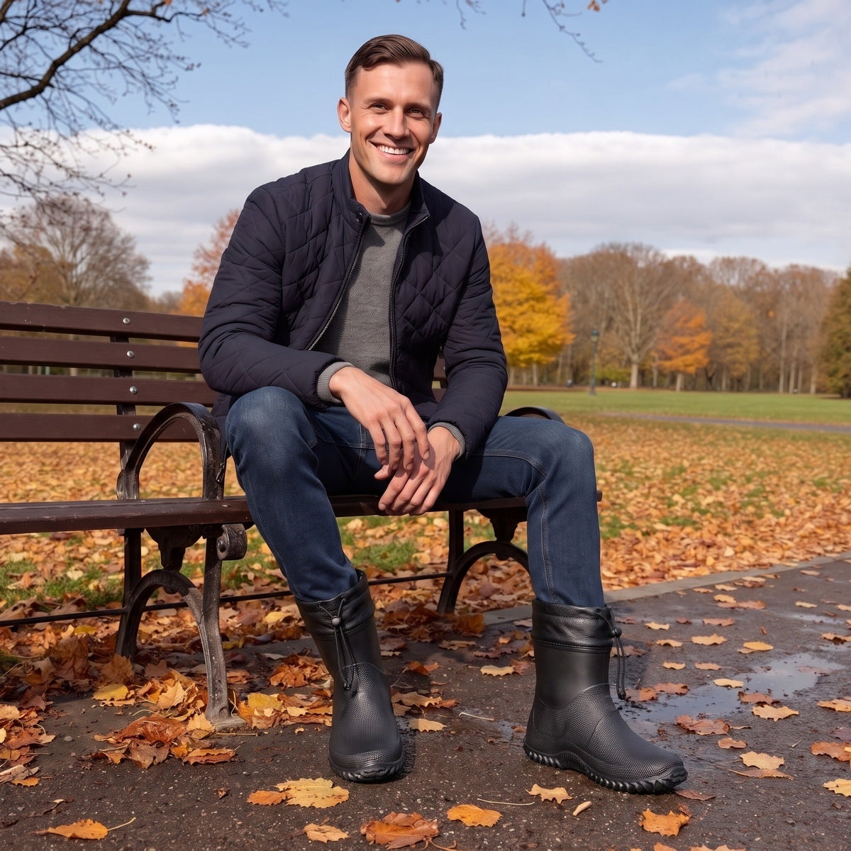 Mann trägt schwarze knöchelhohe Gummistiefel, sitzend auf Parkbank im Herbst | Chaps Herrenmode