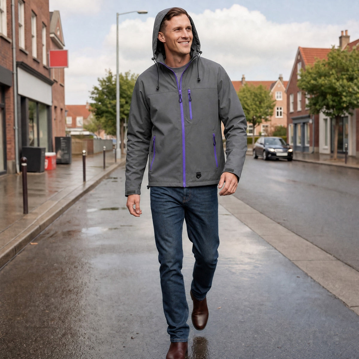 Sportliche Regenjacke Herren | Kapuze | Reißverschlusstaschen | Hüftlang