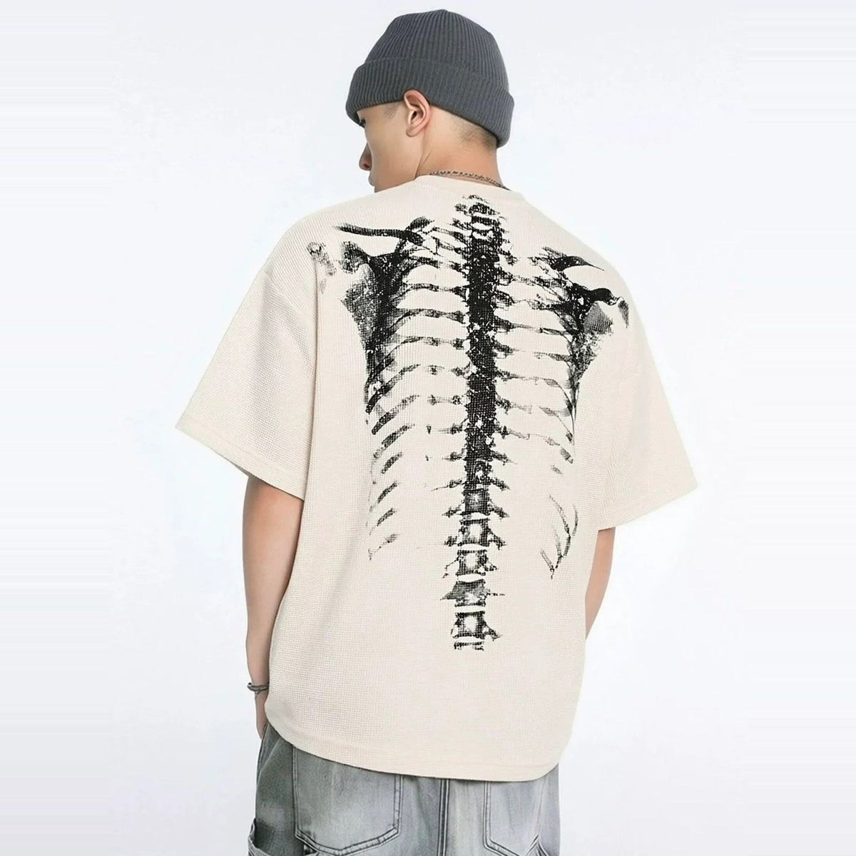 Skelett T-Shirt mit Herz | Oversized | Rücken Print | Waffelstruktur-Chaps Herrenmode