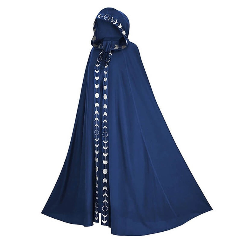 Mittelalterlicher Umhang mit Kapuze | Mondphasen Borte | Bodenlang | 5 Farben-Blau-S-M-Chaps Herrenmode