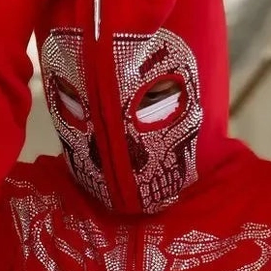 Strass Skelett Hoodie | Totenkopf Maske | Kapuze | Rot-Chaps Herrenmode