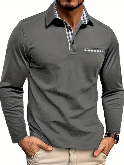 Poloshirt Herren | Langarm | Brusttasche | Karierter Kragen-Grau-S-Chaps Herrenmode