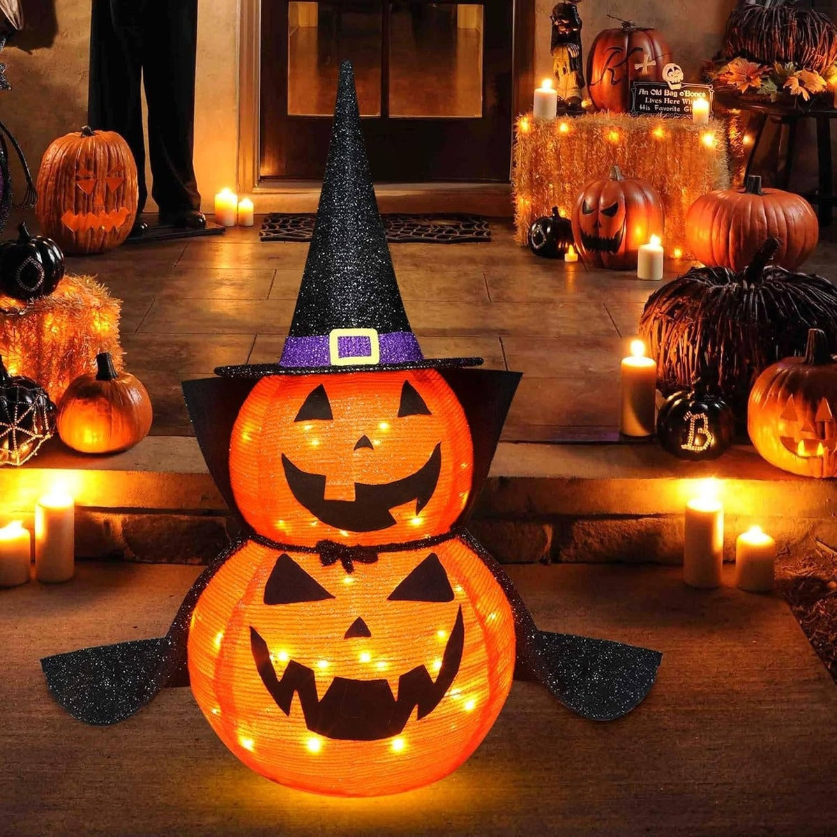 LED-Kürbis | 2er-Set | Hexenhut | Halloween-Gartendeko | 90 cm-Orange-Chaps Herrenmode