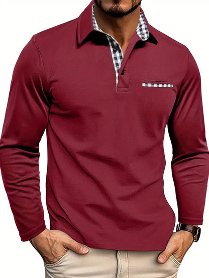Poloshirt Herren | Langarm | Brusttasche | Karierter Kragen-Dunkelrot-S-Chaps Herrenmode