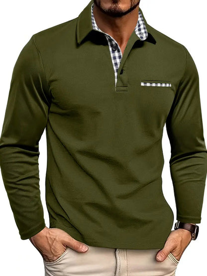 Poloshirt Herren | Langarm | Brusttasche | Karierter Kragen-Grün-S-Chaps Herrenmode