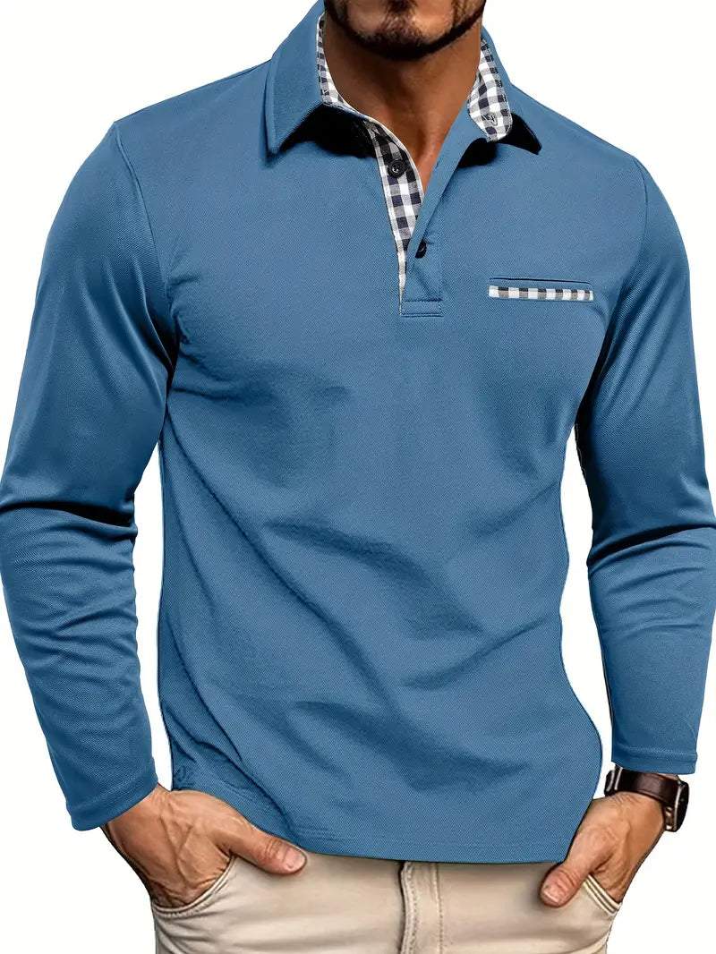 Poloshirt Herren | Langarm | Brusttasche | Karierter Kragen-Hellblau-S-Chaps Herrenmode