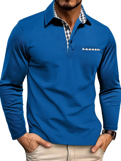 Poloshirt Herren | Langarm | Brusttasche | Karierter Kragen-Blau-S-Chaps Herrenmode