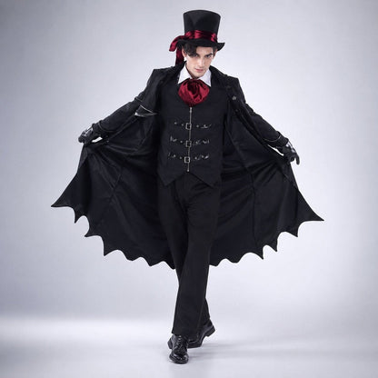 Dracula-Kostüm Herren | Vampir | Langer Umhang | Fledermaussaum | Schwarz-Rot-Schwarz/Rot-M-Chaps Herrenmode