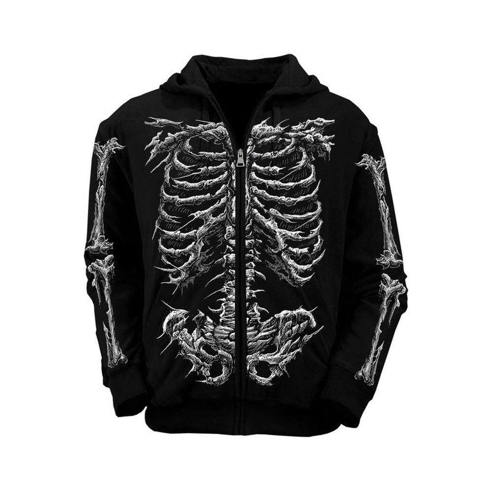 Skelett-Hoodie mit Reißverschluss | Knochen-Print | Halloween | Schwarz-Schwarz-S-Chaps Herrenmode
