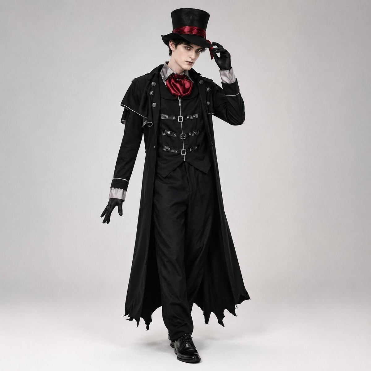 Dracula-Kostüm Herren | Vampir | Langer Umhang | Fledermaussaum | Schwarz-Rot-Chaps Herrenmode