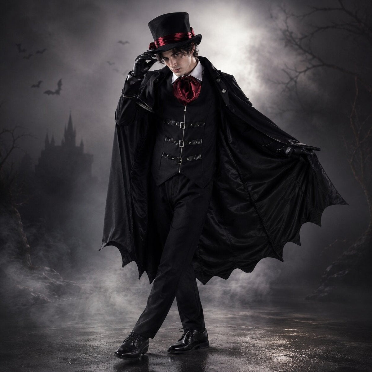 Dracula-Kostüm Herren | Vampir | Langer Umhang | Fledermaussaum | Schwarz-Rot-Chaps Herrenmode
