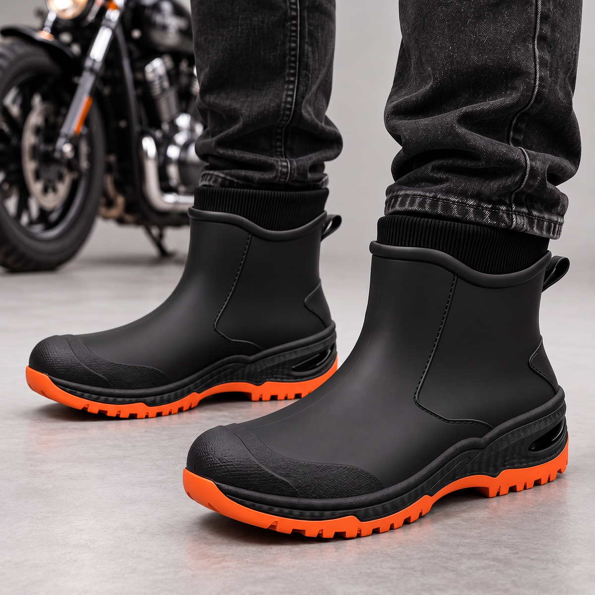 Schwarze Gummistiefel mit orangefarbener Profilsohle, getragen zu dunkler Jeans, Motorrad im Hintergrund.
