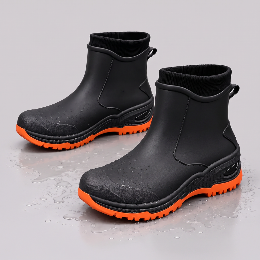 Schwarze Gummistiefel mit orangefarbener Profilsohle und Anziehlaschen auf nassem grauem Boden.