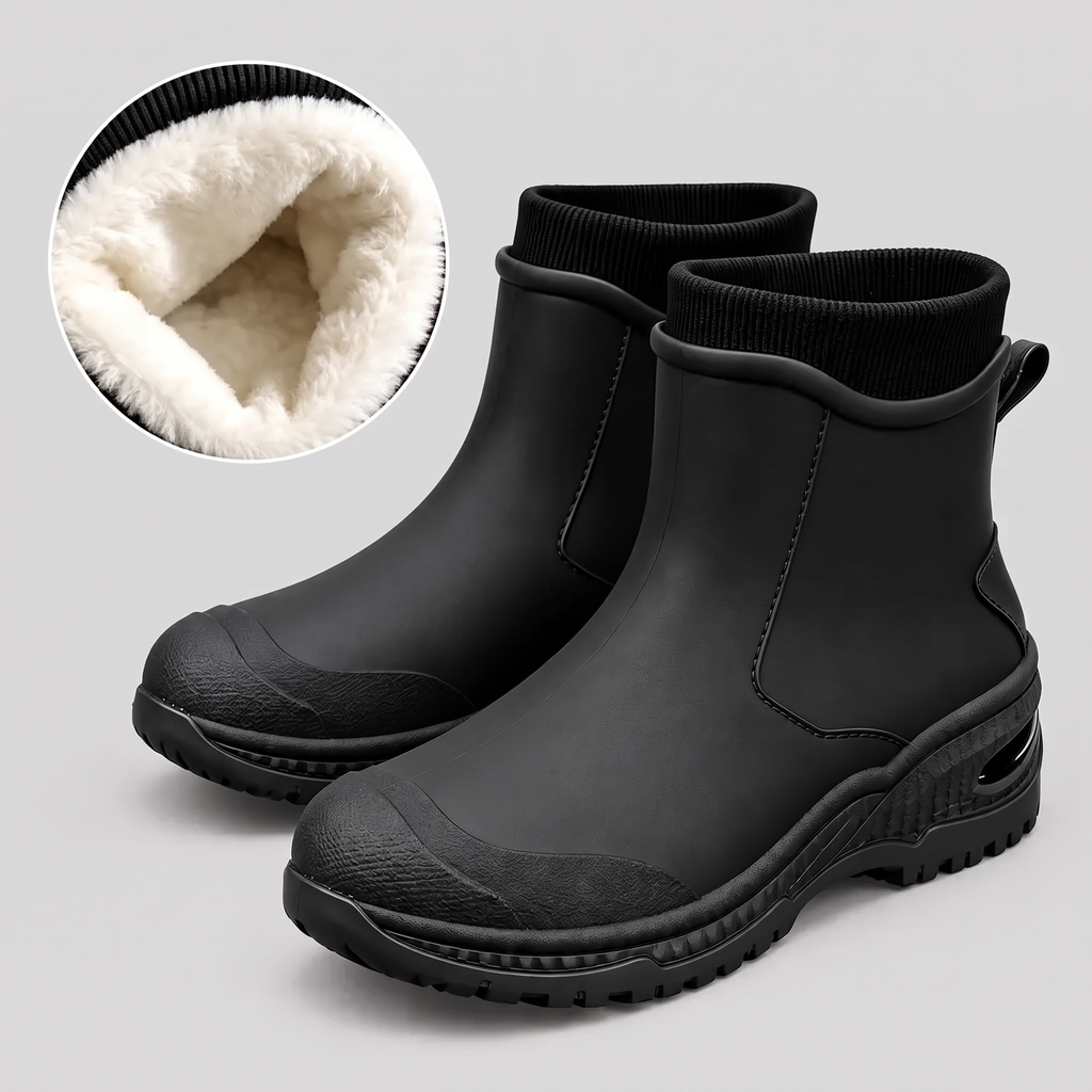 Komplett schwarze Gummistiefel mit Strickbündchen, der Ausschnitt zeigt das weiße Fleecefutter.