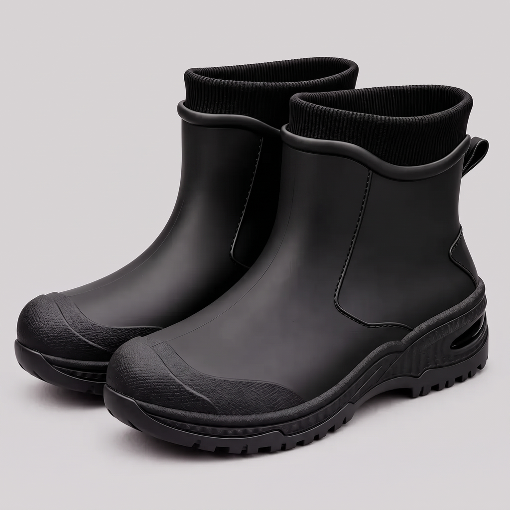 Komplett schwarze knöchelhohe Gummistiefel mit schwarzer Profilsohle, Studioaufnahme.