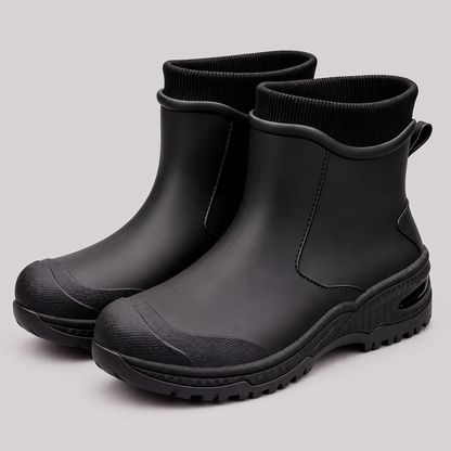 Komplett schwarze knöchelhohe Gummistiefel mit schwarzer Profilsohle, Studioaufnahme.