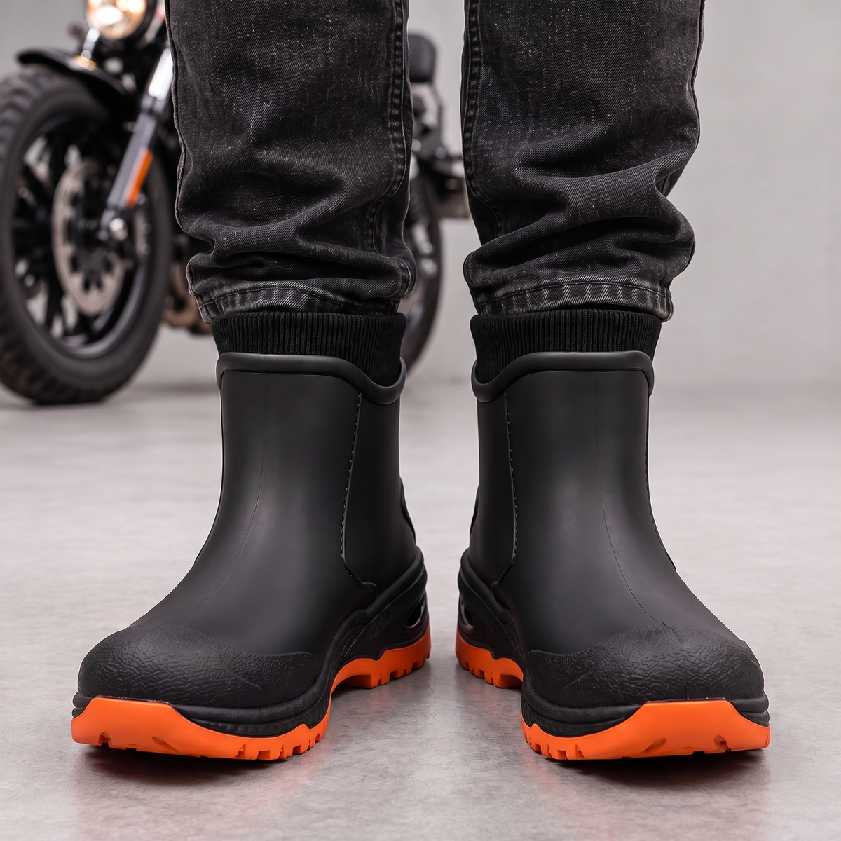 Schwarze Gummistiefel mit orangefarbener Sohle zu dunkler Jeans, Ansicht von vorne.