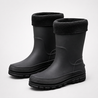 Schwarze Gummistiefel mit Fleecefutter, wadenhoch, paarweise freigestellt ohne Person | Chaps Herrenmode