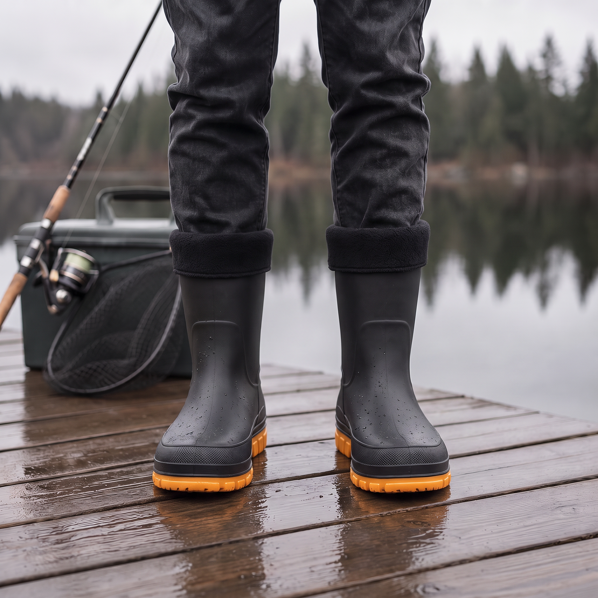 Schwarze Gummistiefel mit oranger Sohle, getragen auf einem Holzsteg am See | Chaps Herrenmode