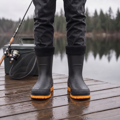 Schwarze Gummistiefel mit oranger Sohle, getragen auf einem Holzsteg am See | Chaps Herrenmode