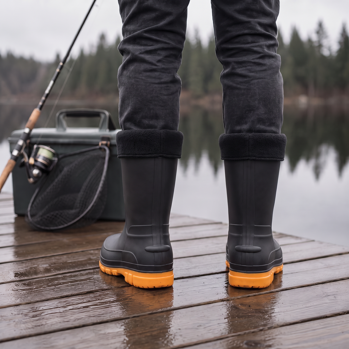 Schwarze Gummistiefel mit oranger Sohle, getragen auf Holzsteg am See | Chaps Herrenmode