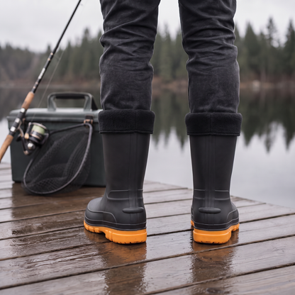 Schwarze Gummistiefel mit oranger Sohle, getragen auf Holzsteg am See | Chaps Herrenmode