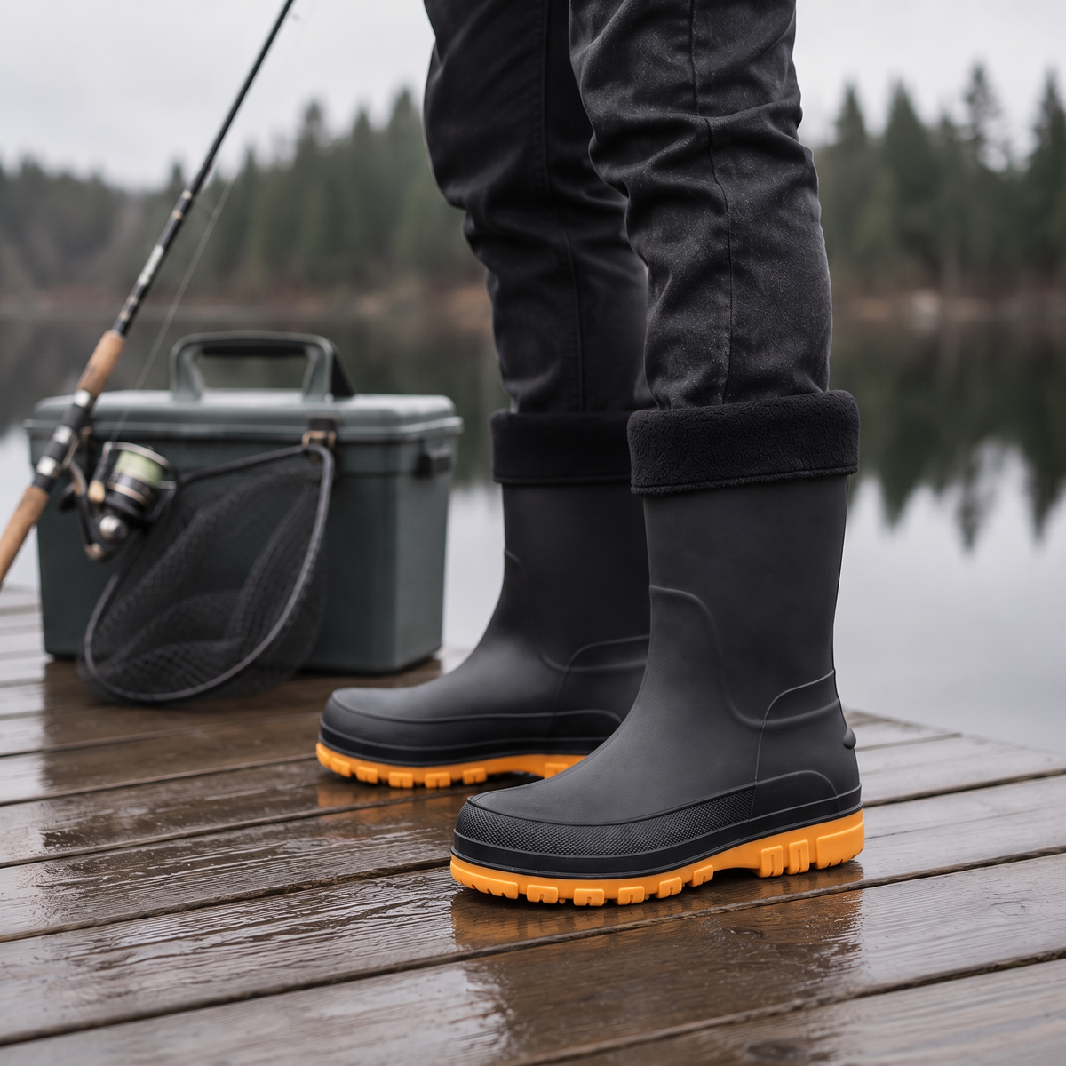 Schwarze Gummistiefel mit oranger Sohle, getragen von einer Person auf Holzsteg | Chaps Herrenmode